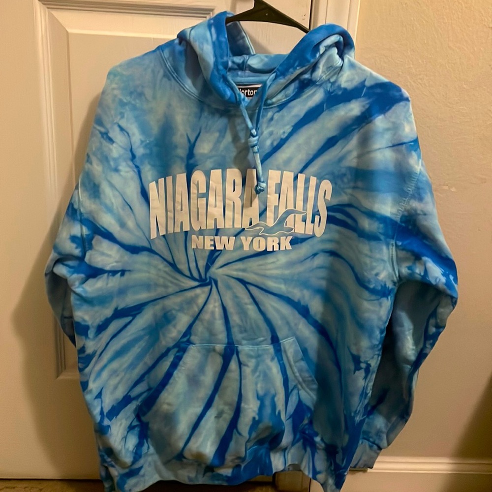 Medium size blue Tie Dye Niagara Falls NY hoodie